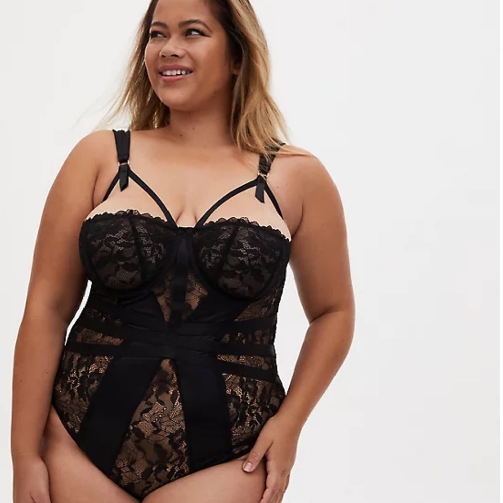 Torrid Black Satin Lace Cheeky Bodysuit